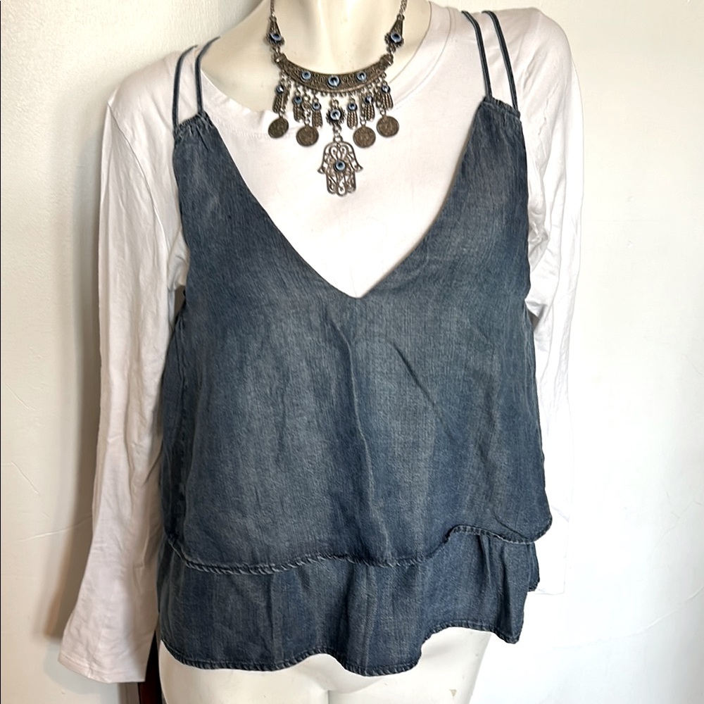 Women's Denim-Look Layered V-Neck Cami Tank - Blue